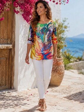 Angel Apparel colorful floral silk scene painted effect tunic top